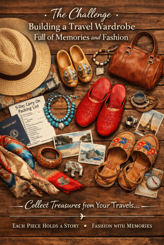 Flat lay of travel fashion items including scarves, shoes, jewelry, and accessories collected from different trips, representing memories and fashion through intentional travel style.