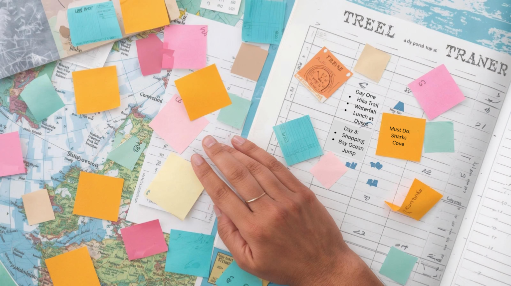 A person's hand organizes sticky notes on a world map and a travel planner, visualizing a stress-free vacation itinerary
