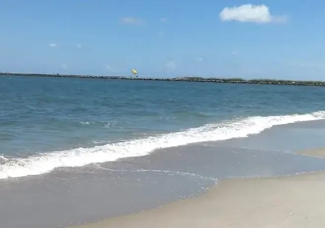 A wide-angle view of a tranquil beach at Murrells Inlet, featuring soft white sand, gently swaying sea oats on the dunes, and the calm blue waters of the Atlantic under a clear sky.