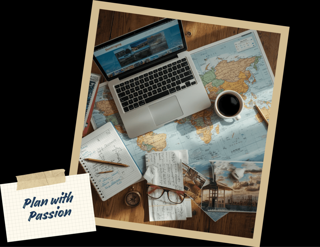 How to make a travel itinerary. Computer and map, part of planning