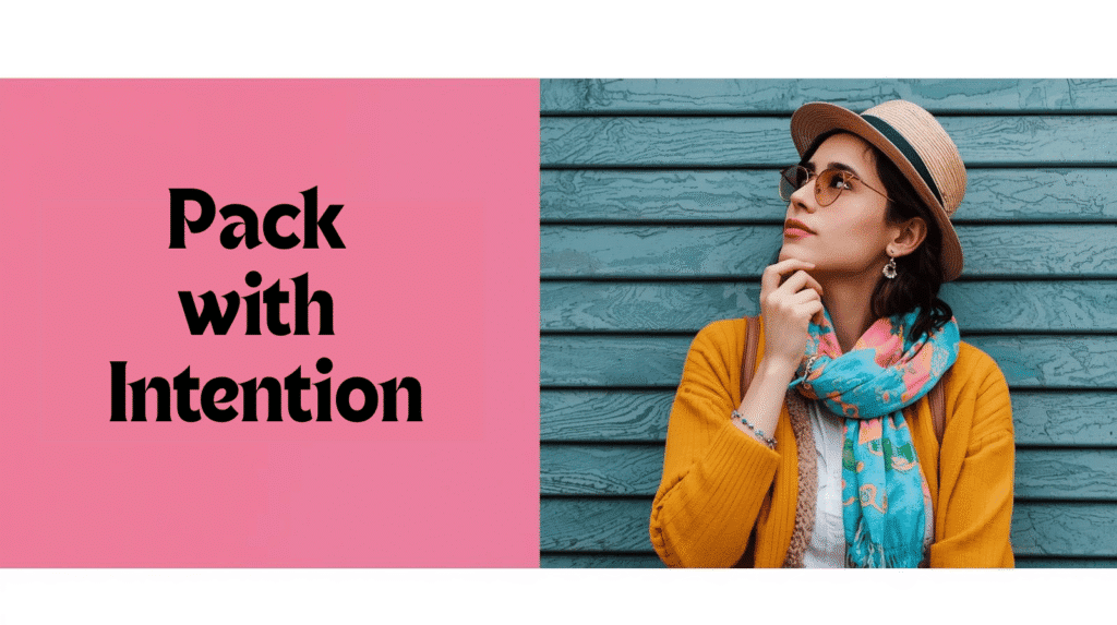 Young woman in a yellow cardigan, scarf, and hat thinking about her destination ready outfit.