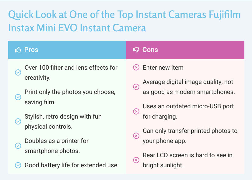 Infographic detailing the pros and cons of the Fujifilm Instax Mini EVO review