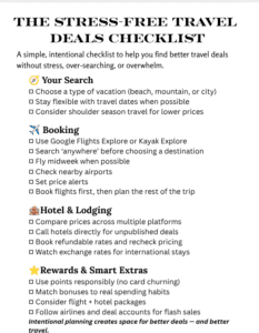 Minimalist travel deals checklist for savvy voyagers featuring expert flight and hotel hacks.