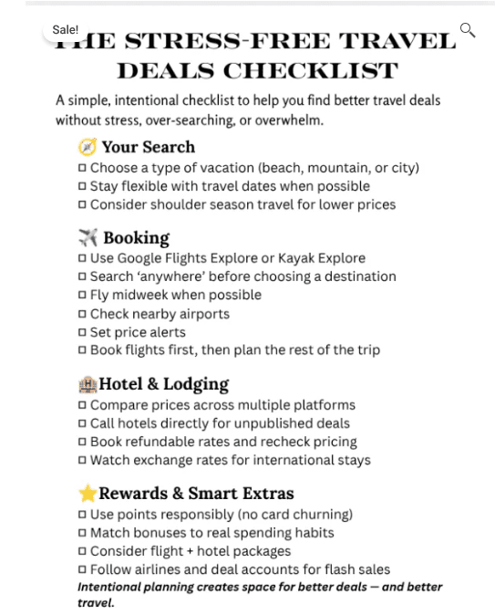 An infographic checklist with tips for finding stress-free travel deals, covering search strategies, booking, lodging, and rewards.