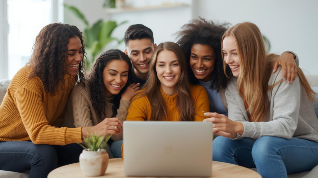 Diverse group of six happy friends smiling and laughing while watching a laptop screen together on a couch