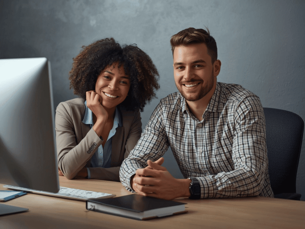 Two smiling businesspeople, a woman with curly hair in a blazer and a man in a plaid shirt, sit at an office desk working on a computer, symbolizing a smooth travel planning experience.