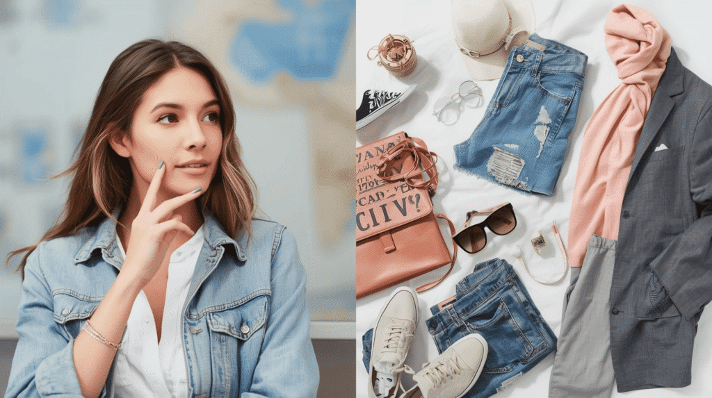 A woman in a denim jacket and travel clothes thinking about her trip vibe and destination ready outfit. Style and Fashion work together to bring stress free travel.