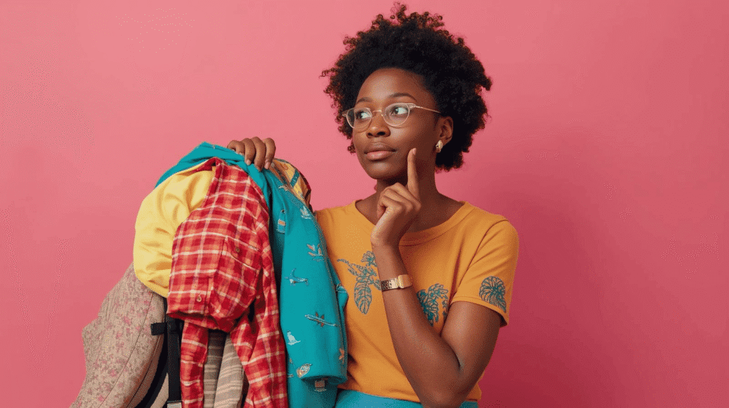 A woman holds a pile of clothes with a thoughtful expression, deciding what to pack for her destination ready outfit.