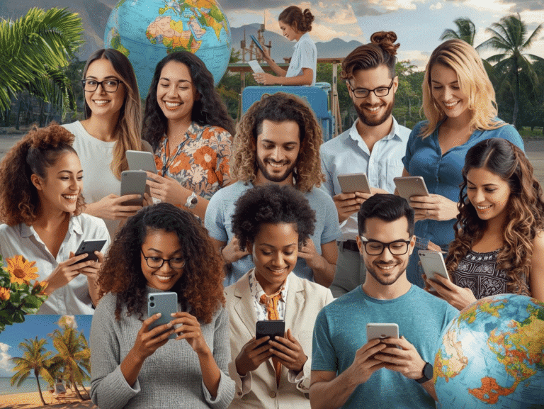 A diverse group of smiling people of various ages and ethnicities happily interact with their smartphones, some with world maps in the background. The image suggests a modern, community-driven travel planning experience using social media like Facebook groups.