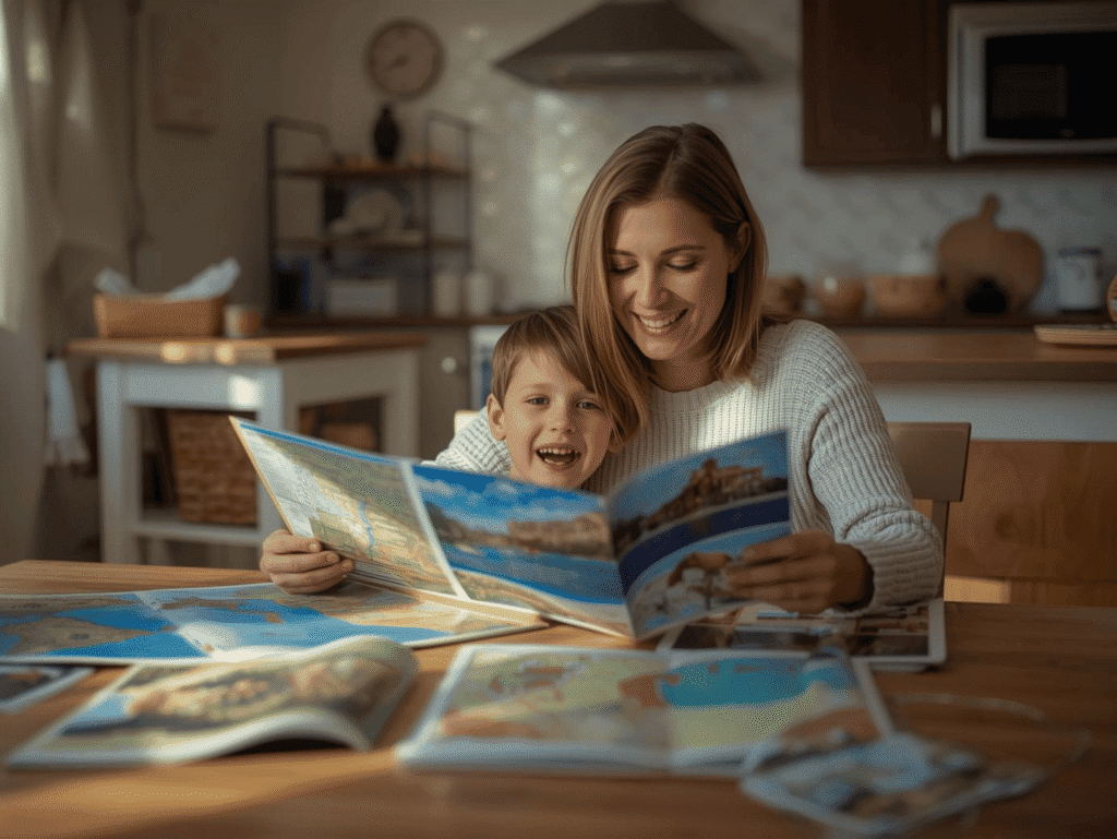A happy mother and her son look at travel brochures and maps spread across a kitchen table. Designing the perfect travel planning experience.