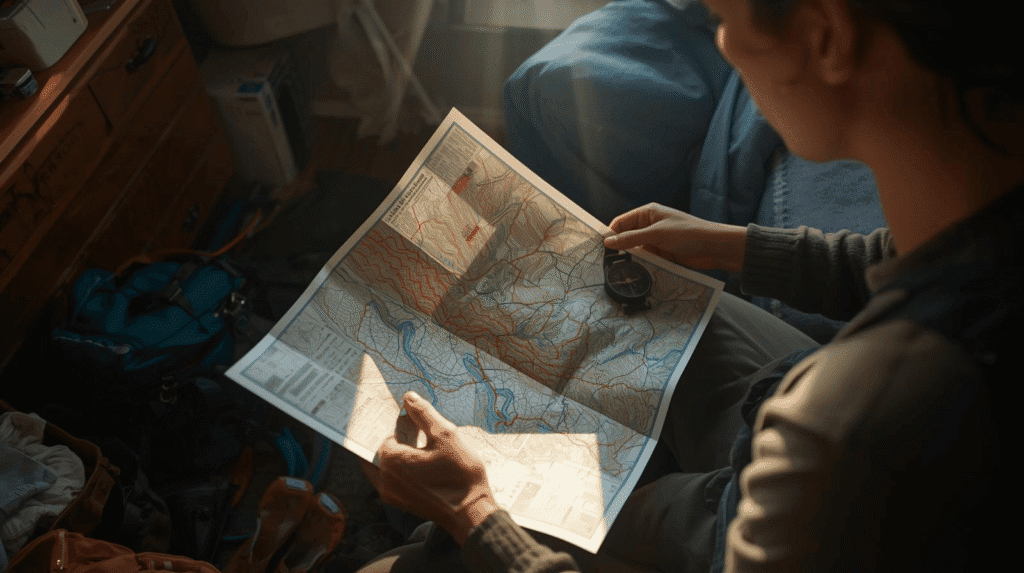 A person indoors looks intently at a folded topographical map and a compass.