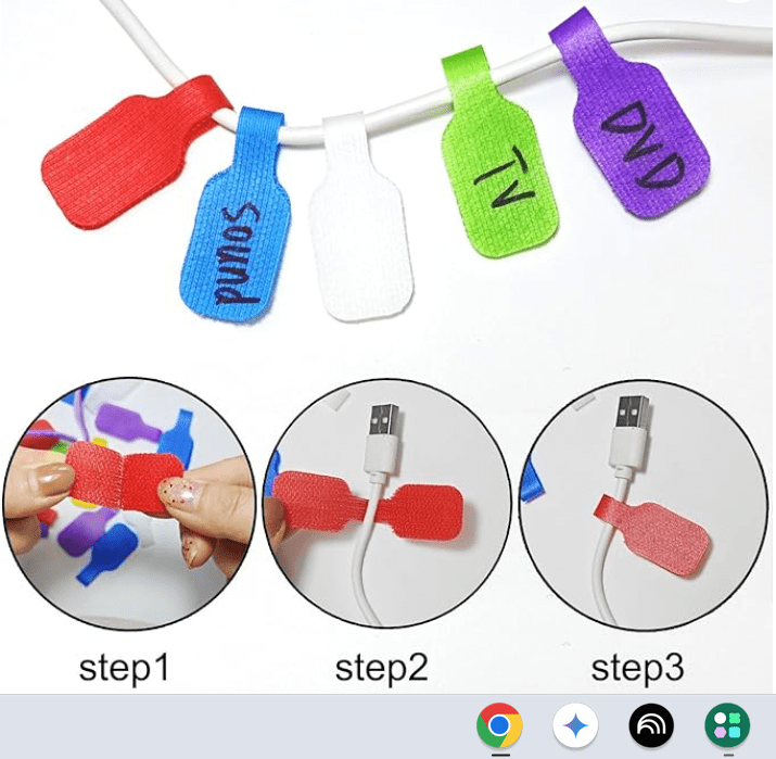 A set of colorful, bottle-shaped cable labels (red, blue, green, purple) with text like "Sound", "TV", and "DVD" written on them. Below are three circular images showing "step 1", "step 2", and "step 3" on how to attach the labels to white electronic cords using hook and loop fasteners. Excellent Charging cord organizers.