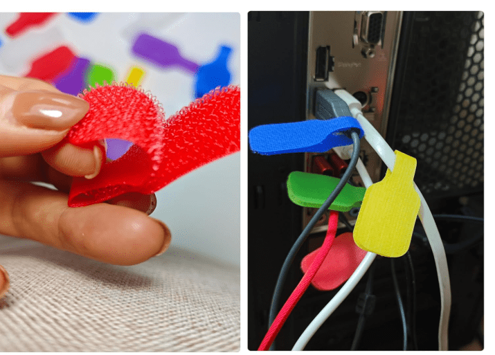A multi-panel image showing colorful, bottle-shaped, reusable hook and loop cable labels and tags being used to organize tangled wires and charging cords behind a computer.