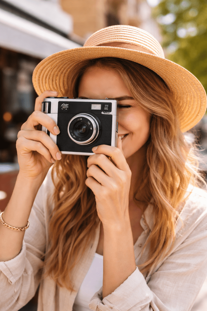 Woman using Fujifilm Instax Mini EVO camera outdoors, holding instant film camera to capture a photo