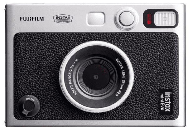 Fujifilm Instax Mini EVO Hybrid Instant Camera in black with a bundle of accessories: Instax Mini Twin Pack film (20 sheets), a 32GB memory card, a vintage black camera case, and a cleaning cloth.