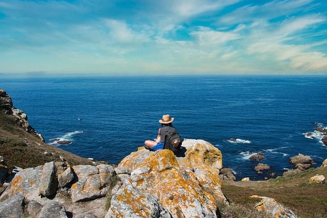 sea, cliff, hiker, cíes islands, coast, rocks, nature, hiking, coastline, water, horizon, sky, scenic, galicia, spain, hiking, galicia, spain,