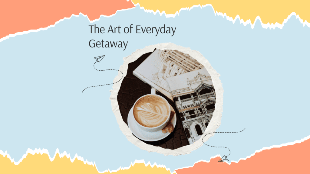 A steaming cup of coffee on a rustic wooden table next to a travel journal, representing the art of everyday getaway.