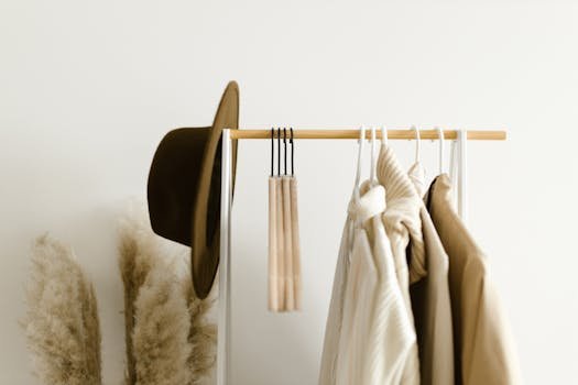 Neutral-toned capsule wardrobe hanging on a black portable travel closet. This concise description focuses on the essential visual elements for accessibility.travel style and fashion come together.