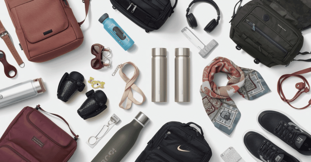A flat lay arrangement of everyday carry essentials including backpacks, water bottles, headphones, a scarf, and sneakers.