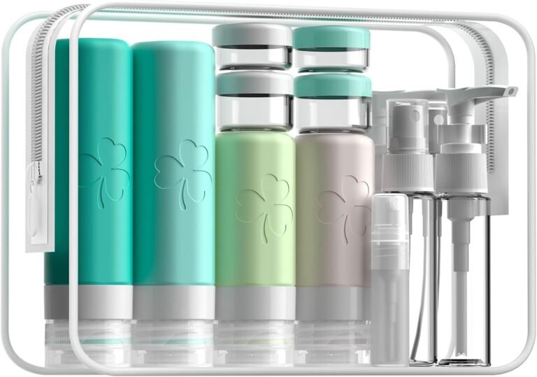 INSFIT Best Travel Toiletry Containers set, featuring colorful TSA approved leak proof silicone squeeze bottles and clear spray/pump bottles in a zippered clear bag.