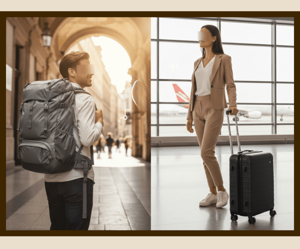 A split image comparison. On the left, a male traveler wears a large gray backpack while walking down a European street. On the right, a female traveler stands in an airport terminal with a black rolling suitcase. Overhead text reads: "Backpack vs rolling carry on for 5-7 day trip is the most stress-free choice