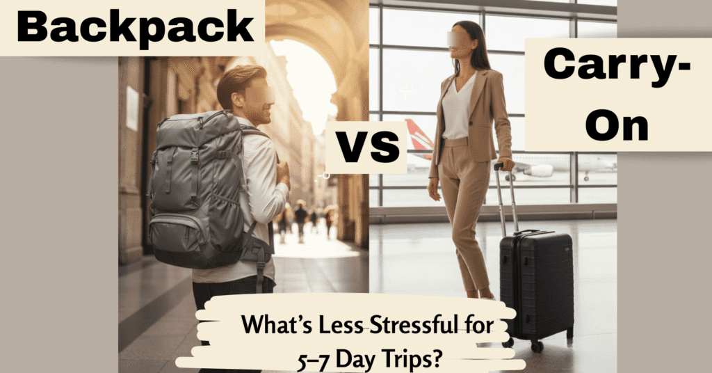 Split image comparing two travelers: a man with a large backpack on the left and a woman with a rolling carry-on suitcase on the right, asking "What's Less Stressful for 5-7 Day Trips?".