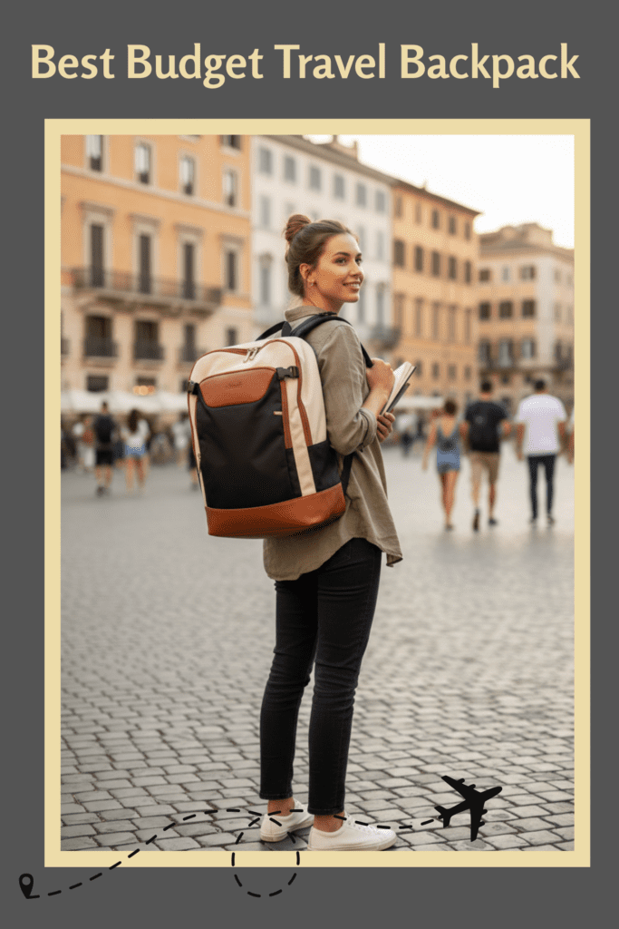 A woman wearing the black and tan best budget travel backpack for women stands in a European town square, holding a book, ready for a journey. Caption