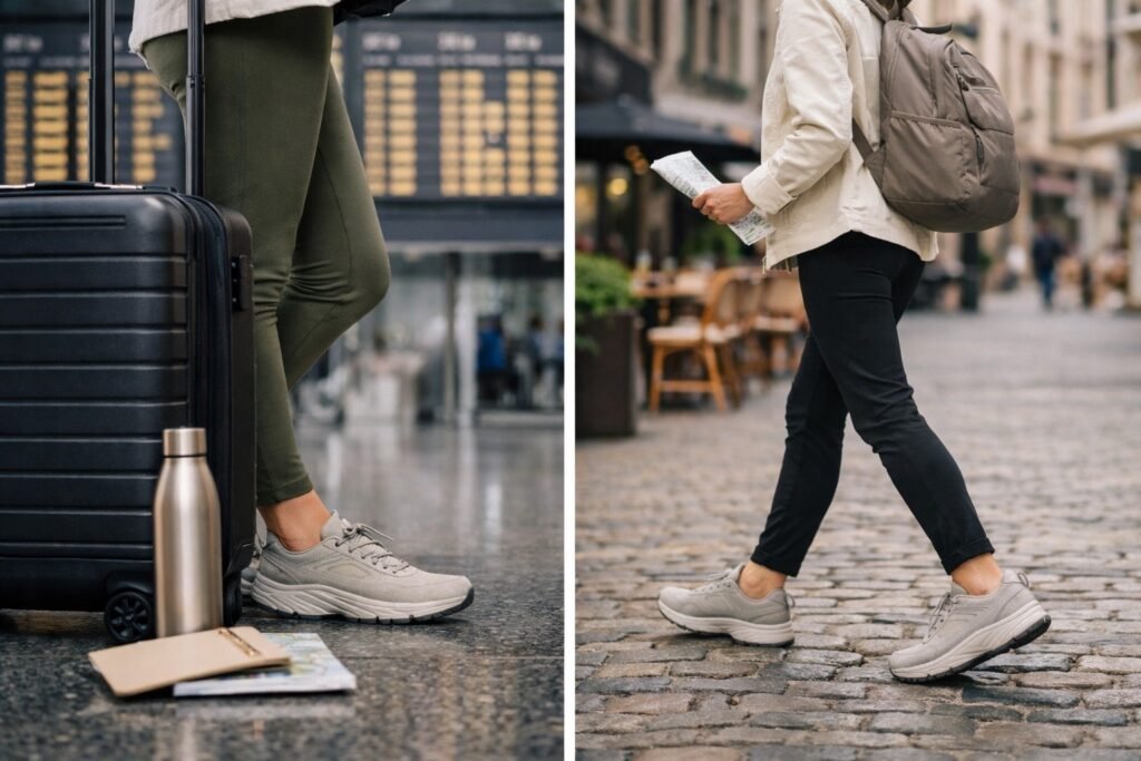 Informative/Functional: A composite image showing a traveler wearing gray Hoka Clifton 10 shoes in an airport terminal next to a suitcase (left), and wearing the same shoes walking on European cobblestones with a backpack (right). Best travel shoes for carry-on.