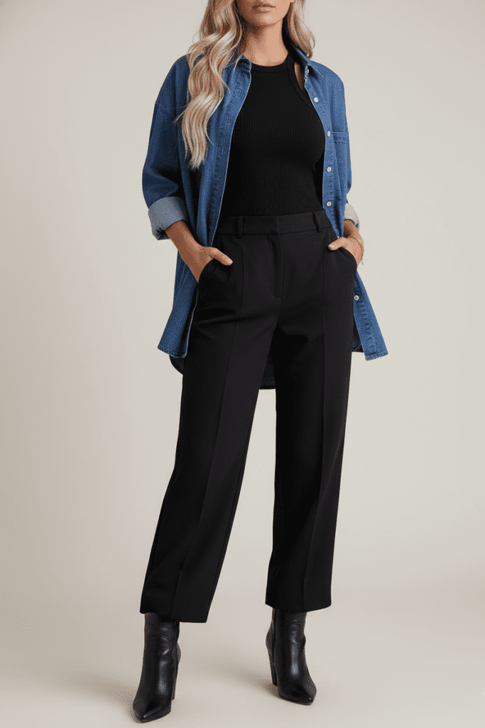 A person wearing a denim shirt layered over a black shirt, black dress pants, and black boots, creating a stylish and versatile look.