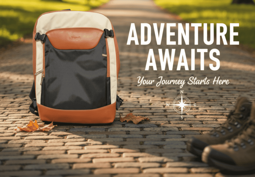 A stylish, three-tone travel backpack and hiking boots on a cobblestone path with the text "ADVENTURE AWAITS Your Journey Starts Here." This visual represents the journey to finding the best budget travel backpack for women.