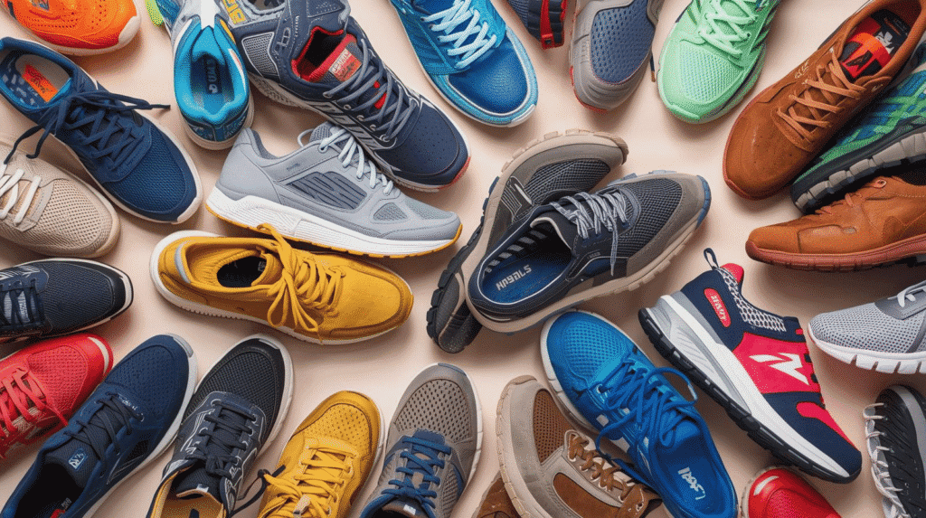 A diverse collection of over 20 pairs of versatile travel shoes, including athletic sneakers and casual footwear in various colors, which are essential carry-on items for travel.