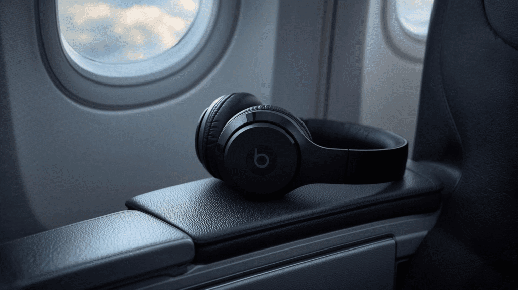 Black Beats Solo Pro (or similar model) noise-canceling headphones for travel resting on an airplane armrest next to a window view of the clouds.