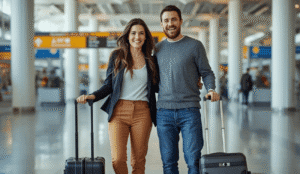 A man and woman smiling in an airport terminal with their minimalist carry-on suitcases, following a streamlined 5-day packing list.