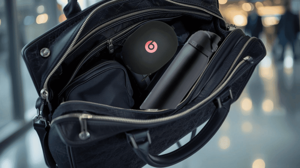 A close-up view inside a carry-on bag showing a pair of Beats noise-canceling headphones and a reusable water bottle, highlighting a streamlined carry-on packing list.