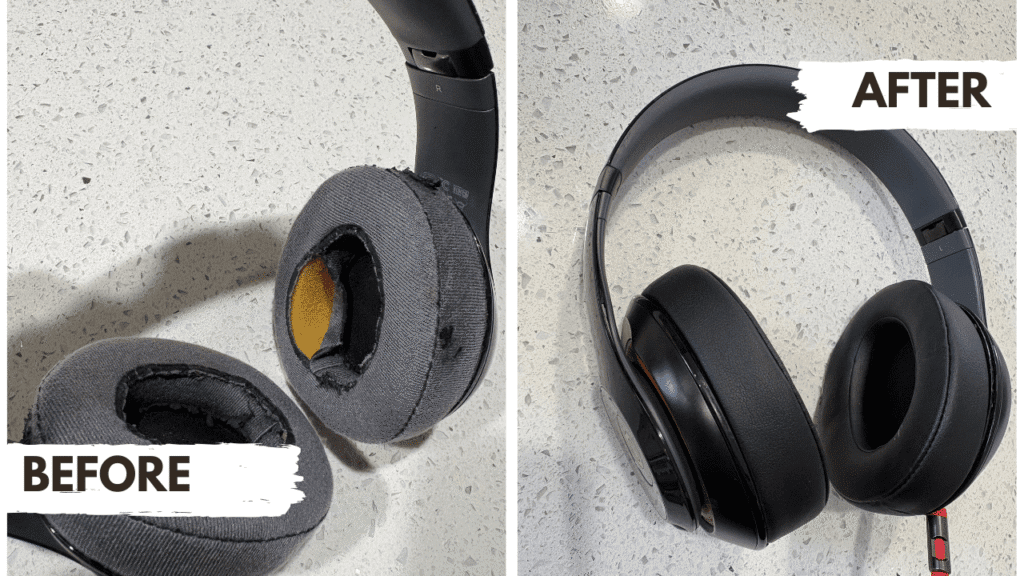 Before and after image showing old, torn gray headphone ear pads on the left and new, black replacement ear pads on the right. How to extend the life of beats.