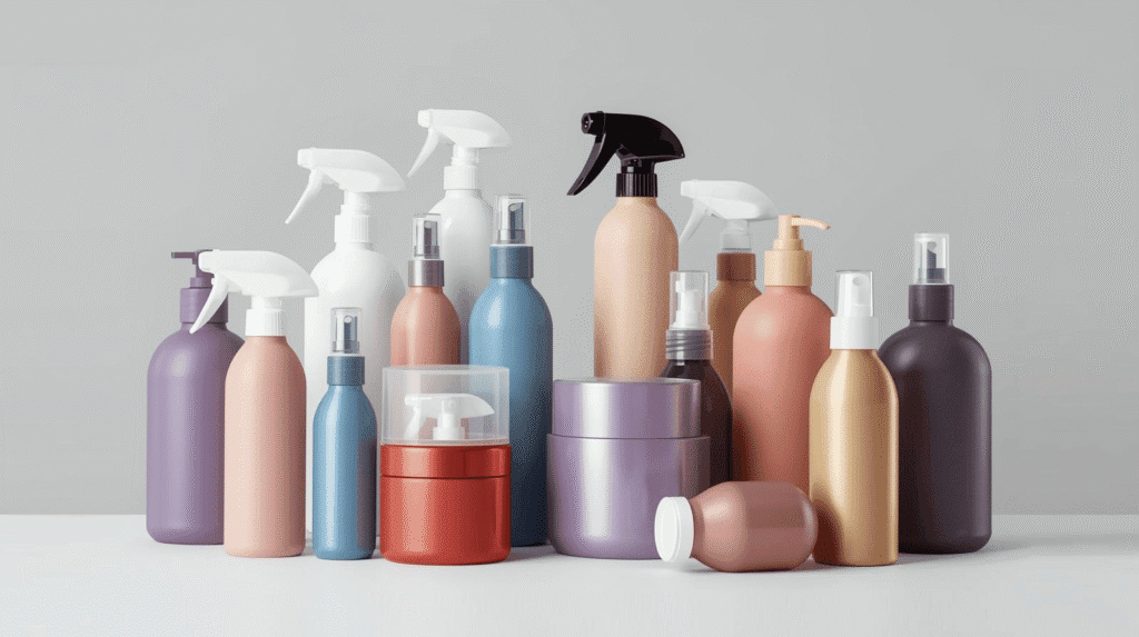 A collection of colorful empty spray bottles and containers in various sizes, perfect for decanting carry-on travel essentials like wrinkle release spray and other toiletries.