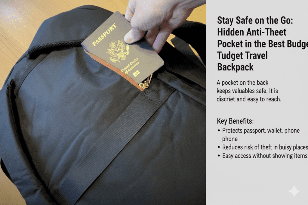 A hand slides a U.S. passport into a hidden, zippered anti-theft pocket on the back panel of a black backpack. This feature highlights why it's considered the best budget travel backpack for women for keeping valuables safe.