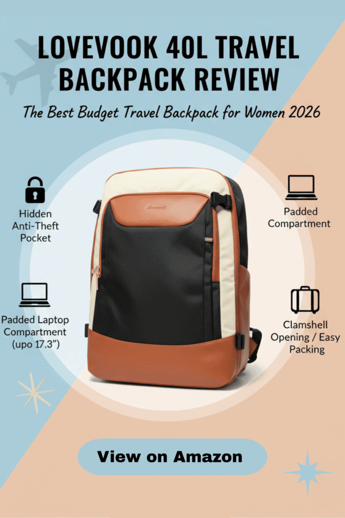 A detailed product shot of the black and tan LOVEVOOK 40L travel backpack highlighting key features with icons: hidden anti-theft pocket, padded compartment, 17.3" laptop compartment, and clamshell opening. This image showcases why it's a top contender for the best budget travel backpack for women.