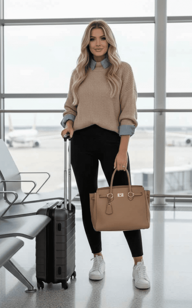 A woman at the airport wearing a chic, comfortable destination ready travel outfit with layers, black leggings, and a carry-on suitcase.