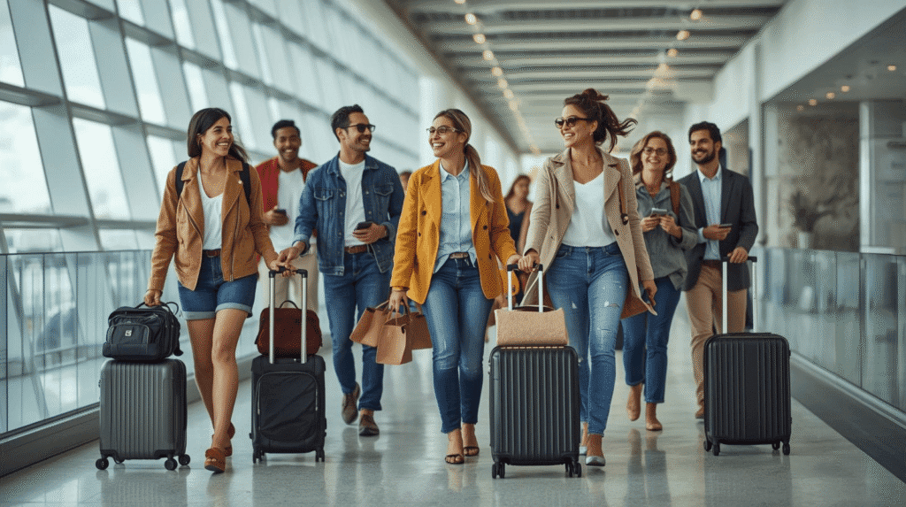 A diverse group of happy travelers walking through an airport terminal with their carry-on luggage and personal items.