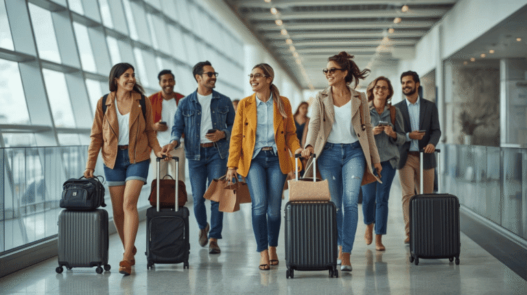 A diverse group of happy travelers walking through an airport terminal with their carry-on luggage and personal items.