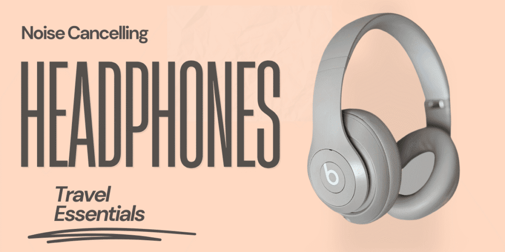 A pair of sand gray Beats Studio Pro noise-cancelling headphones for travel essentials.