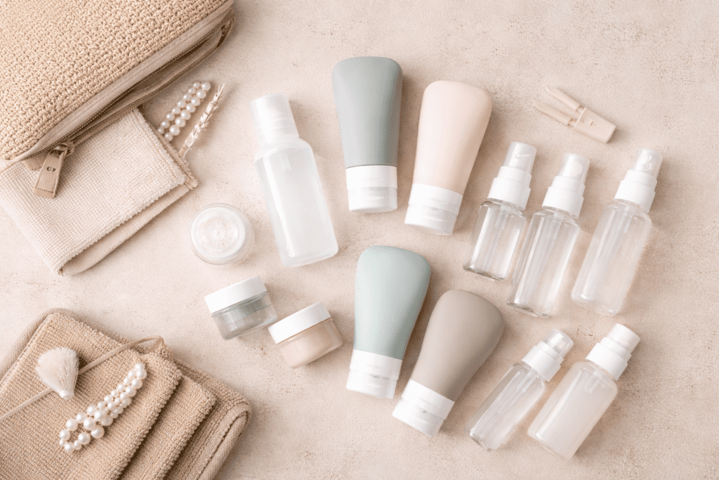 Leak-proof travel toiletry containers arranged for carry-on packing, including TSA-approved bottles and jars