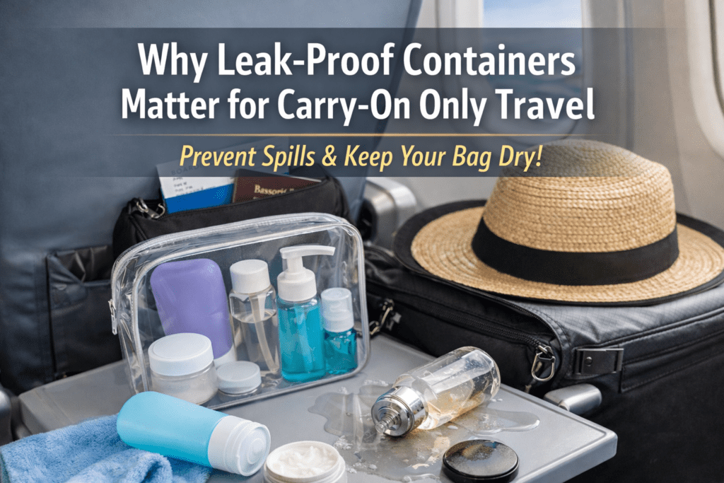 Leak-proof travel toiletry containers packed in a clear TSA-approved bag on an airplane tray table, showing how proper containers prevent spills during carry-on-only travel.