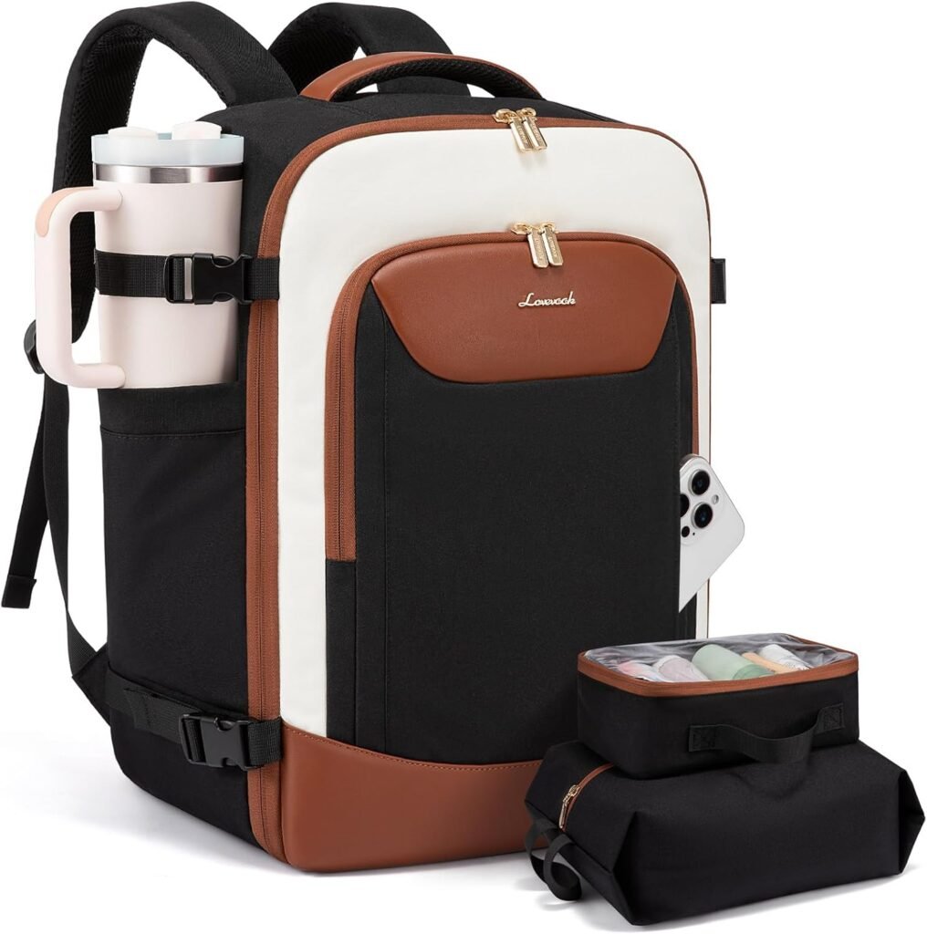 A black and white structured carry-on travel essential backpack with brown accents from LOVEVOOK, shown with a water bottle in a side pocket and matching packing cubes.