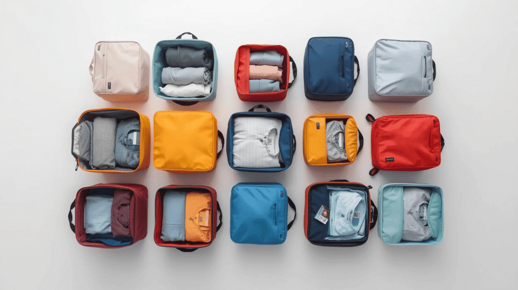 A flat lay arrangement of 15 colorful, structured compression packing cubes, both open and closed, used as travel essentials for organizing clothing in carry-on luggage.