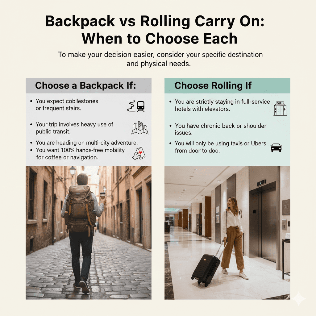 An infographic titled "Backpack vs Rolling Carry-On" with two sections. The backpack section shows a man on cobblestones and points to benefits like "hands-free mobility" and "public transit". The rolling section shows a woman in a hotel lobby near an elevator and points to benefits for "full-service hotels" and "taxis from door to door."