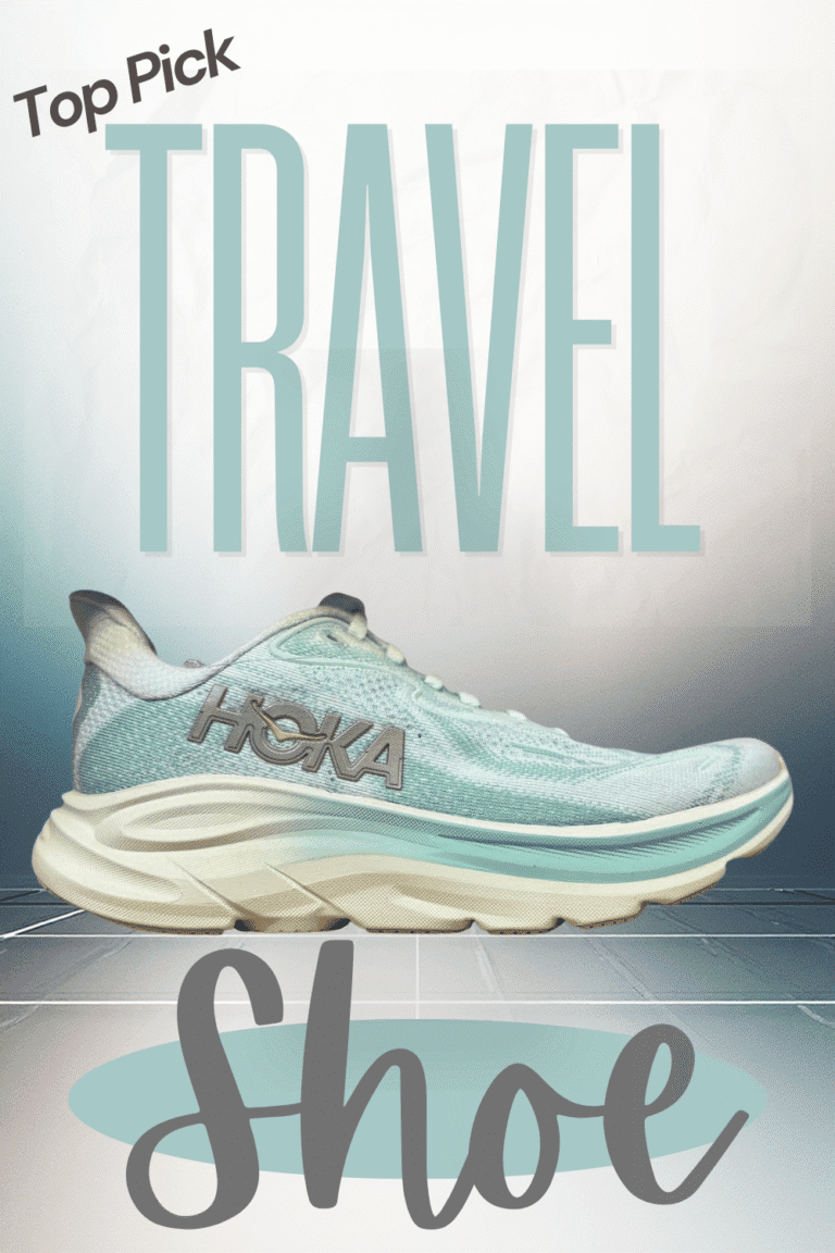 Side view of a seafoam green Hoka Clifton 10 sneaker on a graphic background, highlighted as a top pick for the best travel shoes for carry-on travel.