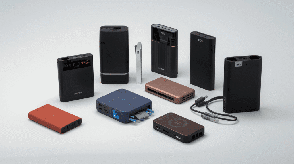 A diverse collection of black, silver, and copper-colored portable power banks of various capacities and designs, essential carry-on travel essentials for charging devices on the go.