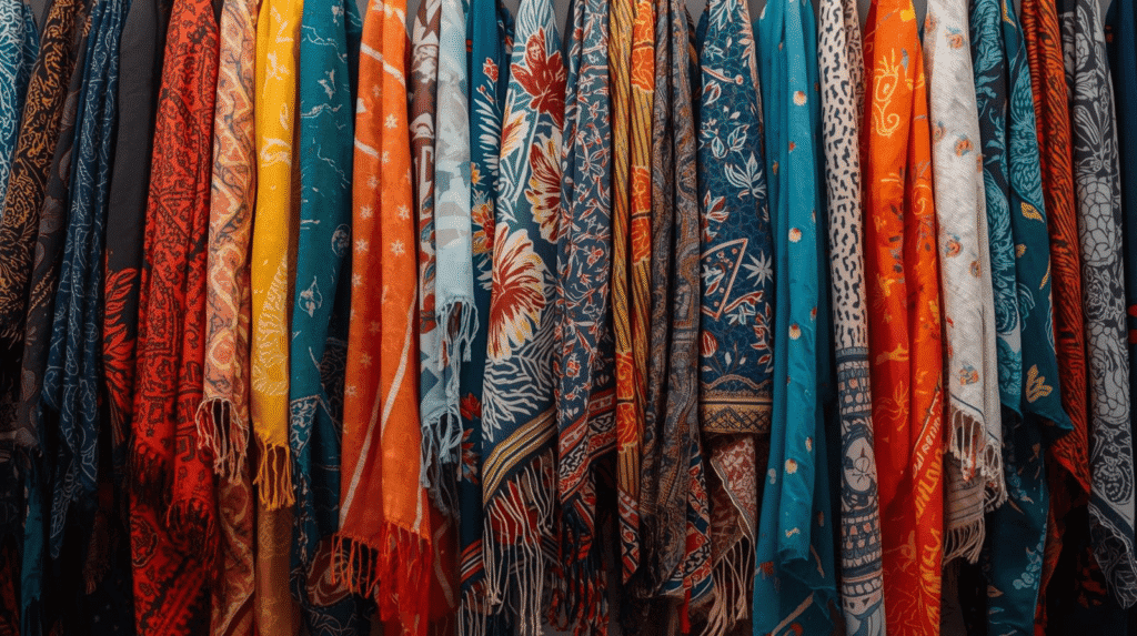 A collection of colorful and functional scarves and wraps made of different materials, such as silk, cotton, and cashmere, displayed as versatile carry-on travel essentials.